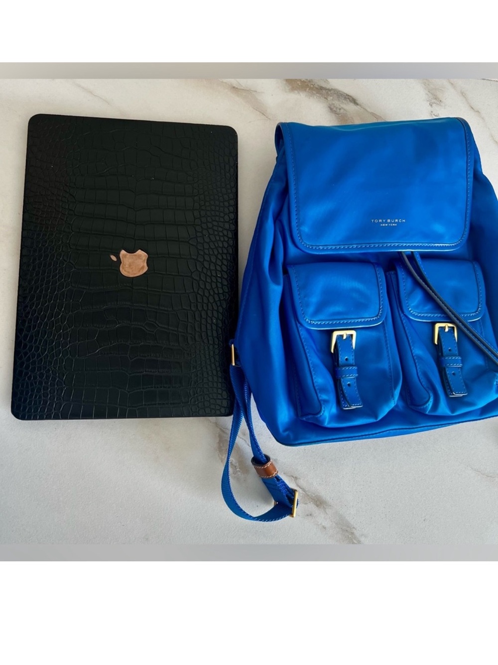 Tory Burch Perry Blue Nylon Backpack Leather Trim Gold Hardware NWOT - Picture 3 of 16